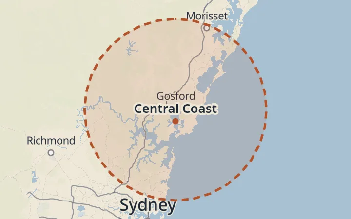 Map of the service area, about 40 km around Central Coast