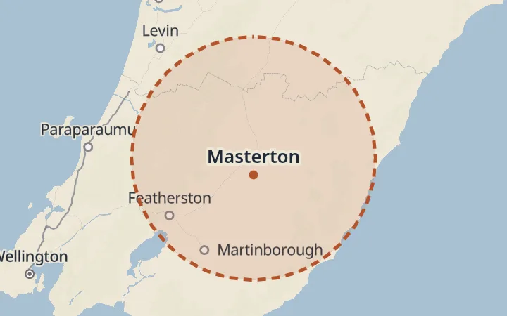 Map of the service area, about 40 km around Masterton