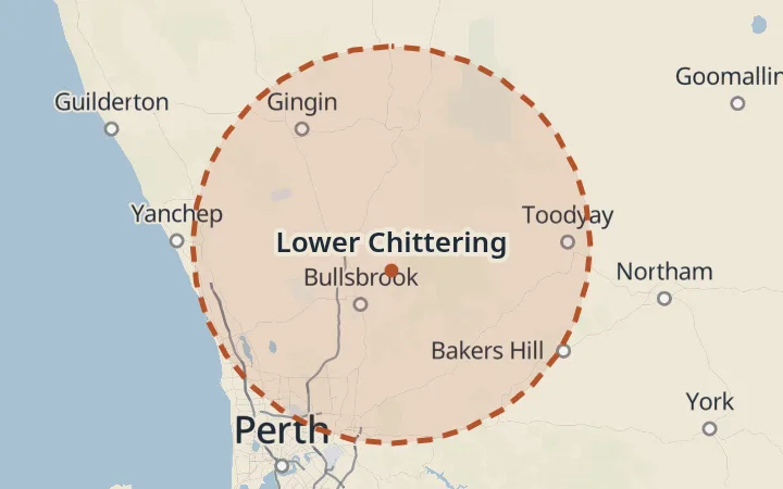 Map of the service area, about 40 km around Lower Chittering