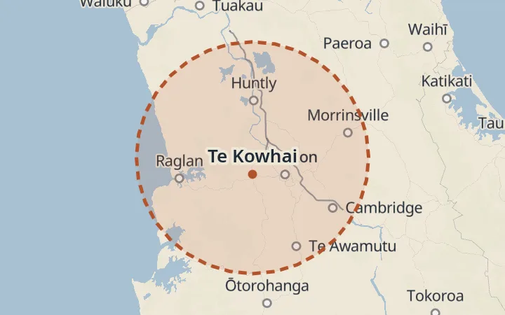 Map of the service area, about 40 km around Te Kowhai