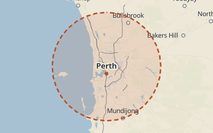 Map of the service area, about 40 km around Perth