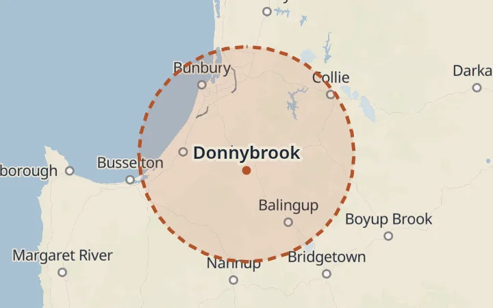 Map of the service area, about 40 km around Donnybrook