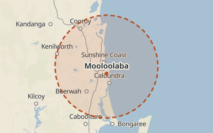 Map of the service area, about 40 km around Mooloolaba