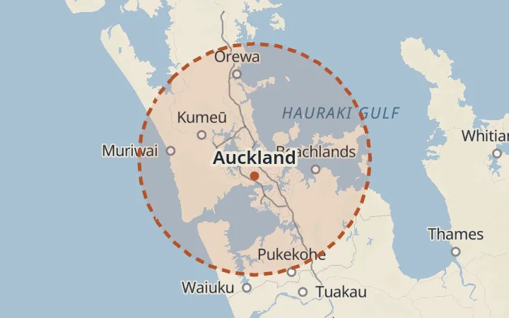 Map of the service area, about 40 km around Auckland