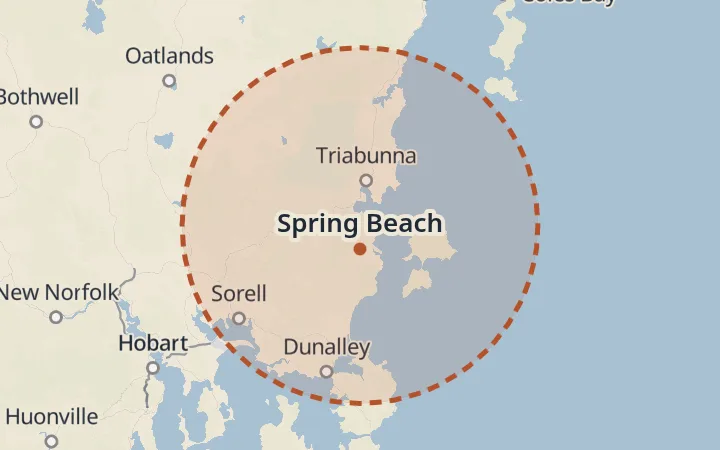 Map of the service area, about 40 km around Spring Beach