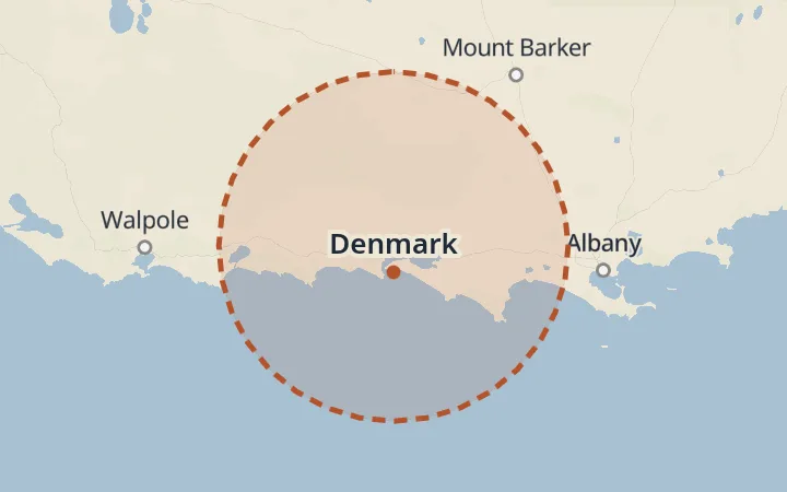Map of the service area, about 40 km around Denmark