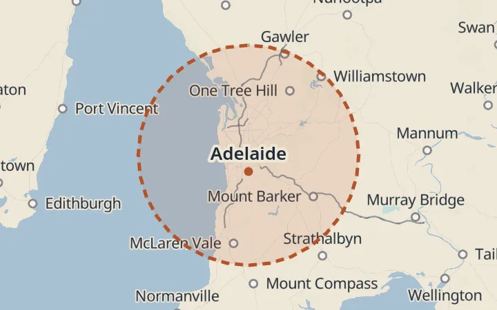 Map of the service area, about 40 km around Adelaide