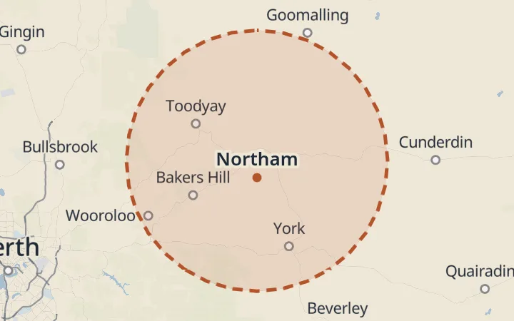 Map of the service area, about 40 km around Northam
