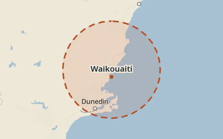 Map of the service area, about 40 km around Waikouaiti