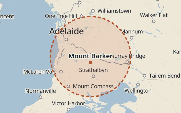 Map of the service area, about 40 km around Mount Barker