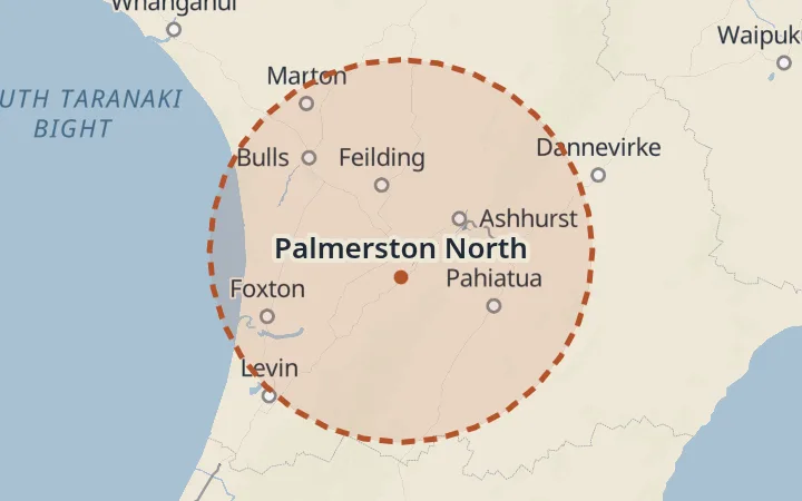Map of the service area, about 40 km around Palmerston North