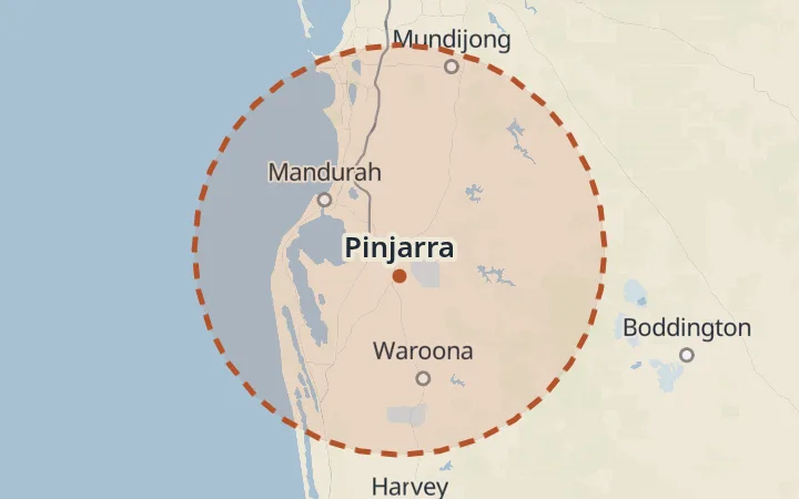 Map of the service area, about 40 km around Pinjarra