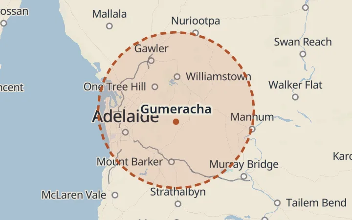 Map of the service area, about 40 km around Gumeracha