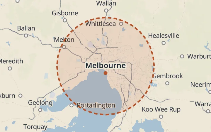 Map of the service area, about 40 km around Melbourne