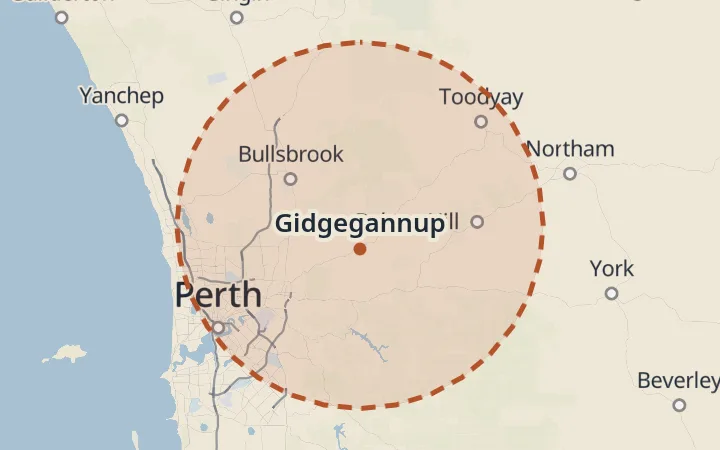 Map of the service area, about 40 km around Gidgegannup