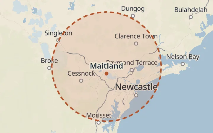 Map of the service area, about 40 km around Maitland