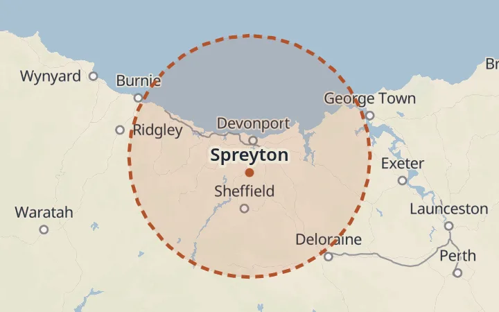 Map of the service area, about 40 km around Spreyton