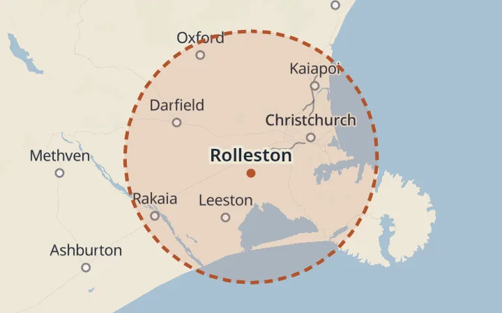 Map of the service area, about 40 km around Rolleston