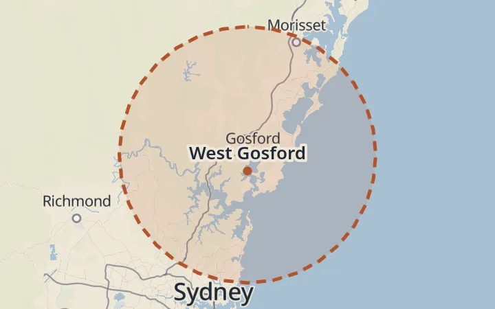 Map of the service area, about 40 km around West Gosford