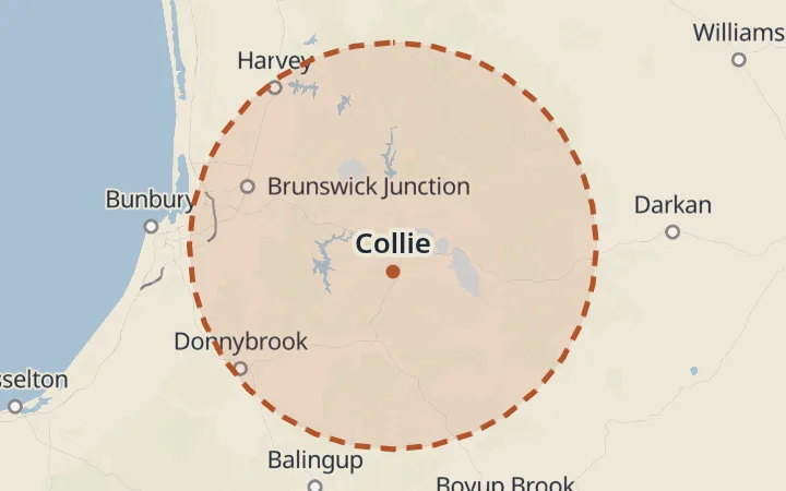 Map of the service area, about 40 km around Collie