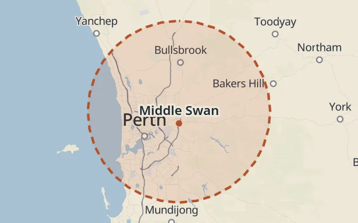 Map of the service area, about 40 km around Middle Swan