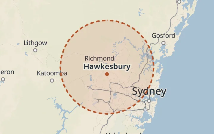 Map of the service area, about 40 km around Hawkesbury