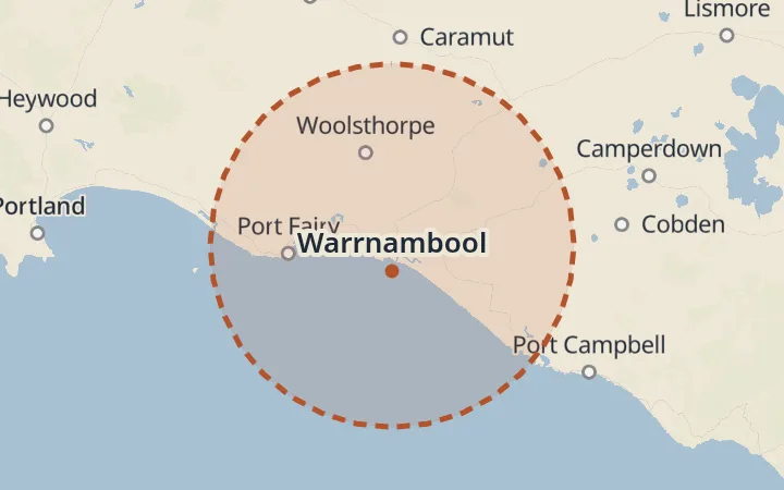 Map of the service area, about 40 km around Warrnambool