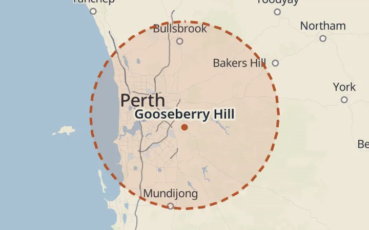 Map of the service area, about 40 km around Gooseberry Hill