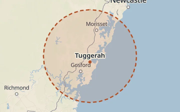 Map of the service area, about 40 km around Tuggerah