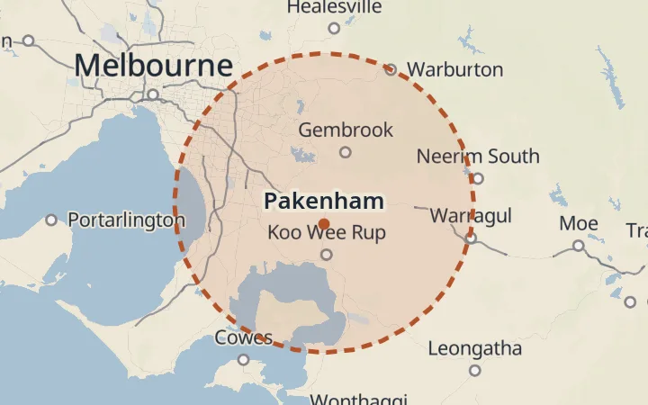 Map of the service area, about 40 km around Pakenham