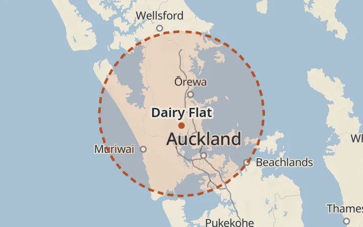 Map of the service area, about 40 km around Dairy Flat