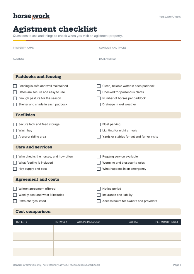 Preview of the Agistment checklist PDF, page 1