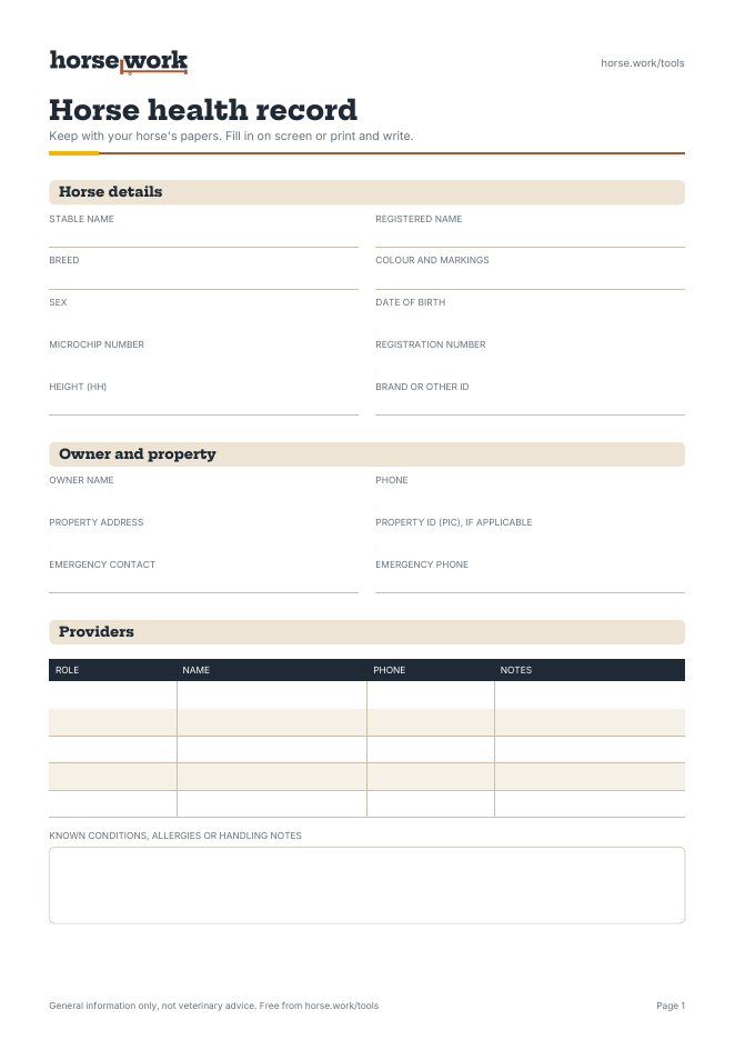 Preview of the Horse health record PDF, page 1