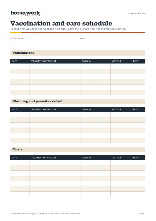 Preview of the Vaccination and care schedule PDF, page 1